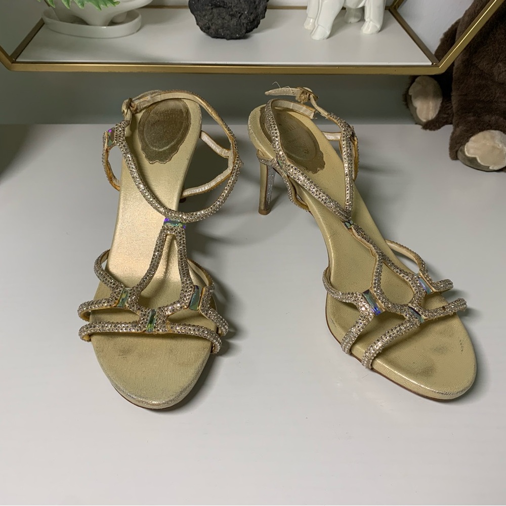 BROKEN - Rene Caovilla Gold Heels with Strappy Design